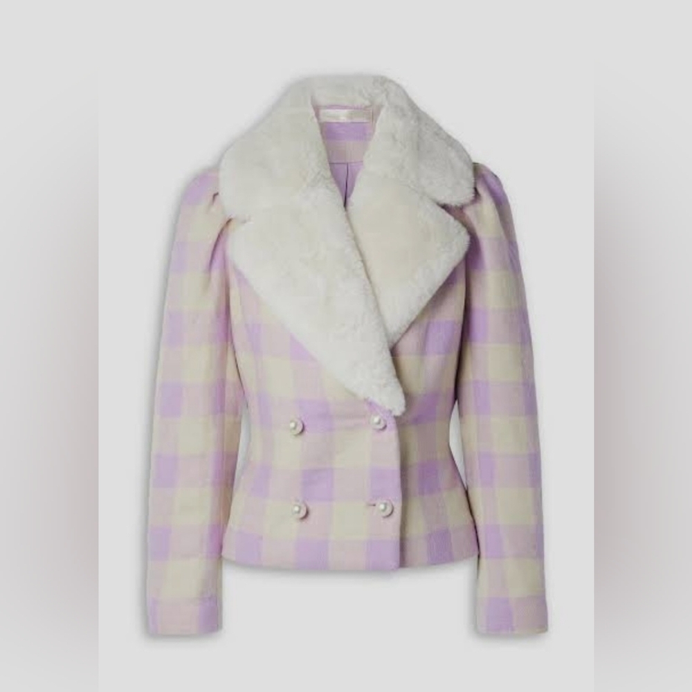 💜 Loveshackfancy Dumont Double-Breasted Faux Fur-Trimmed Checked Tweed Jacket